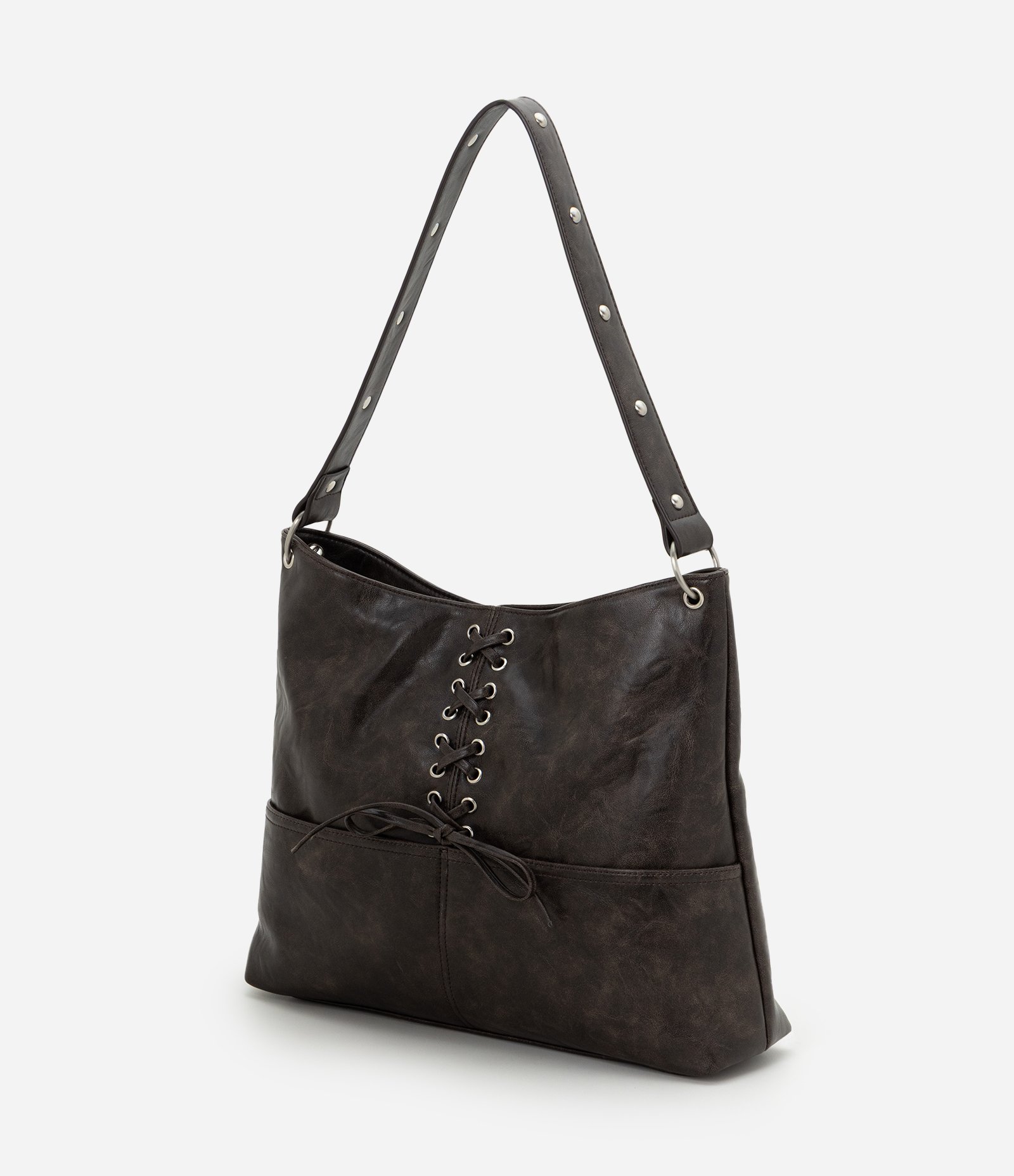 Bolsa Hobo Grande em PU com Detalhe em Cadarço Marrom 4