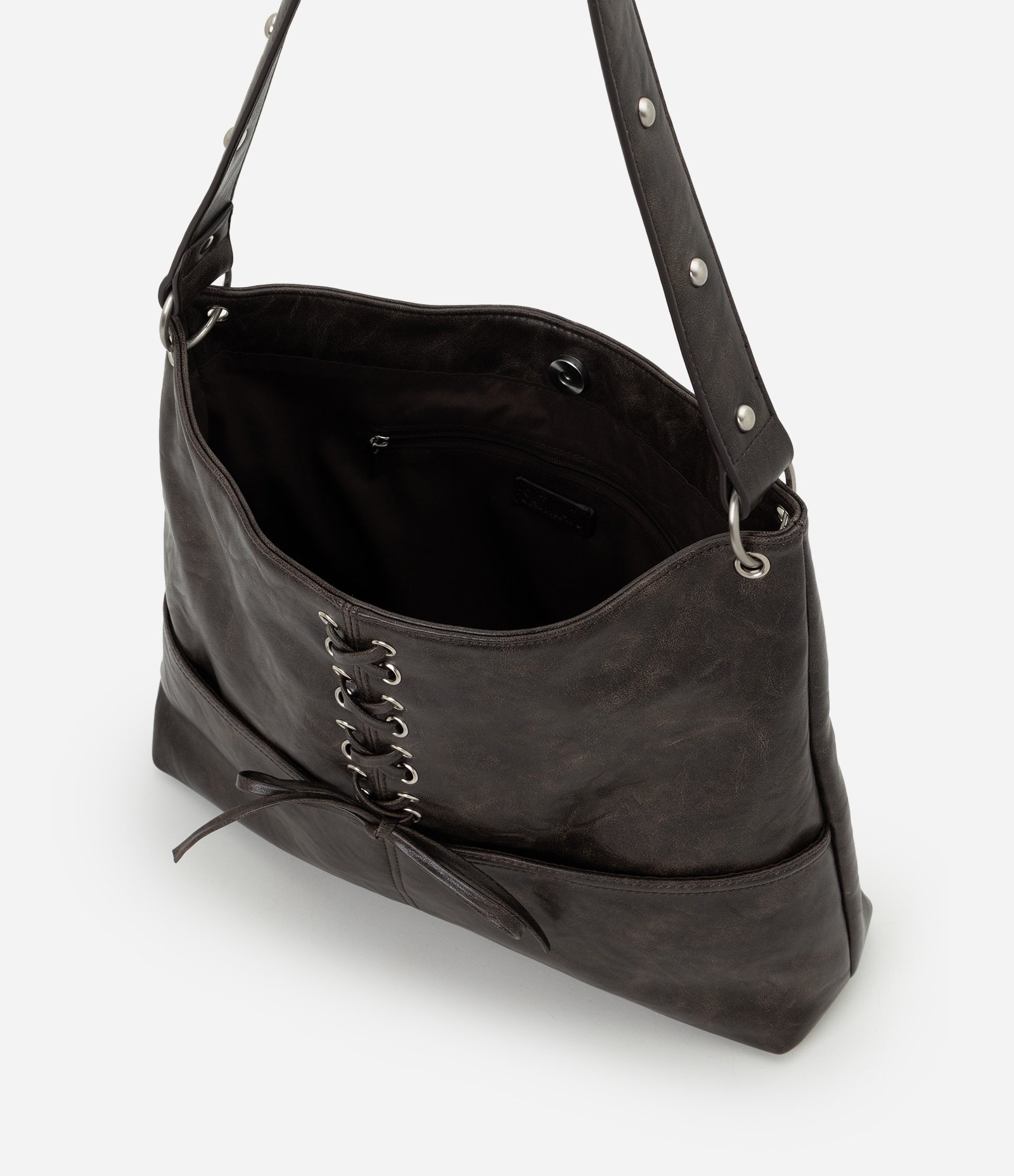 Bolsa Hobo Grande em PU com Detalhe em Cadarço Marrom 6