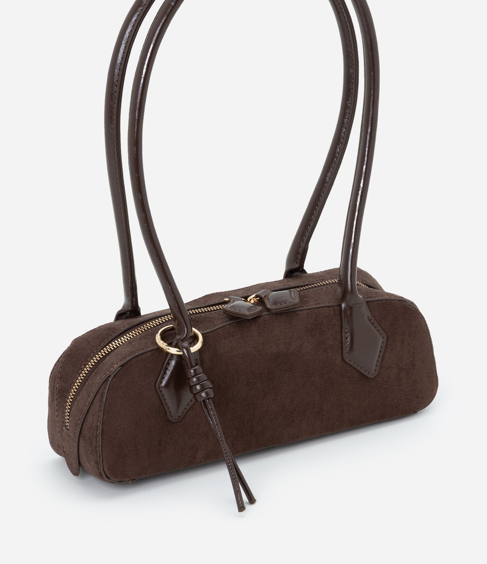 Bolsa Shoulder Pequena em Suede com Alças Estruturadas Marrom Escuro 2