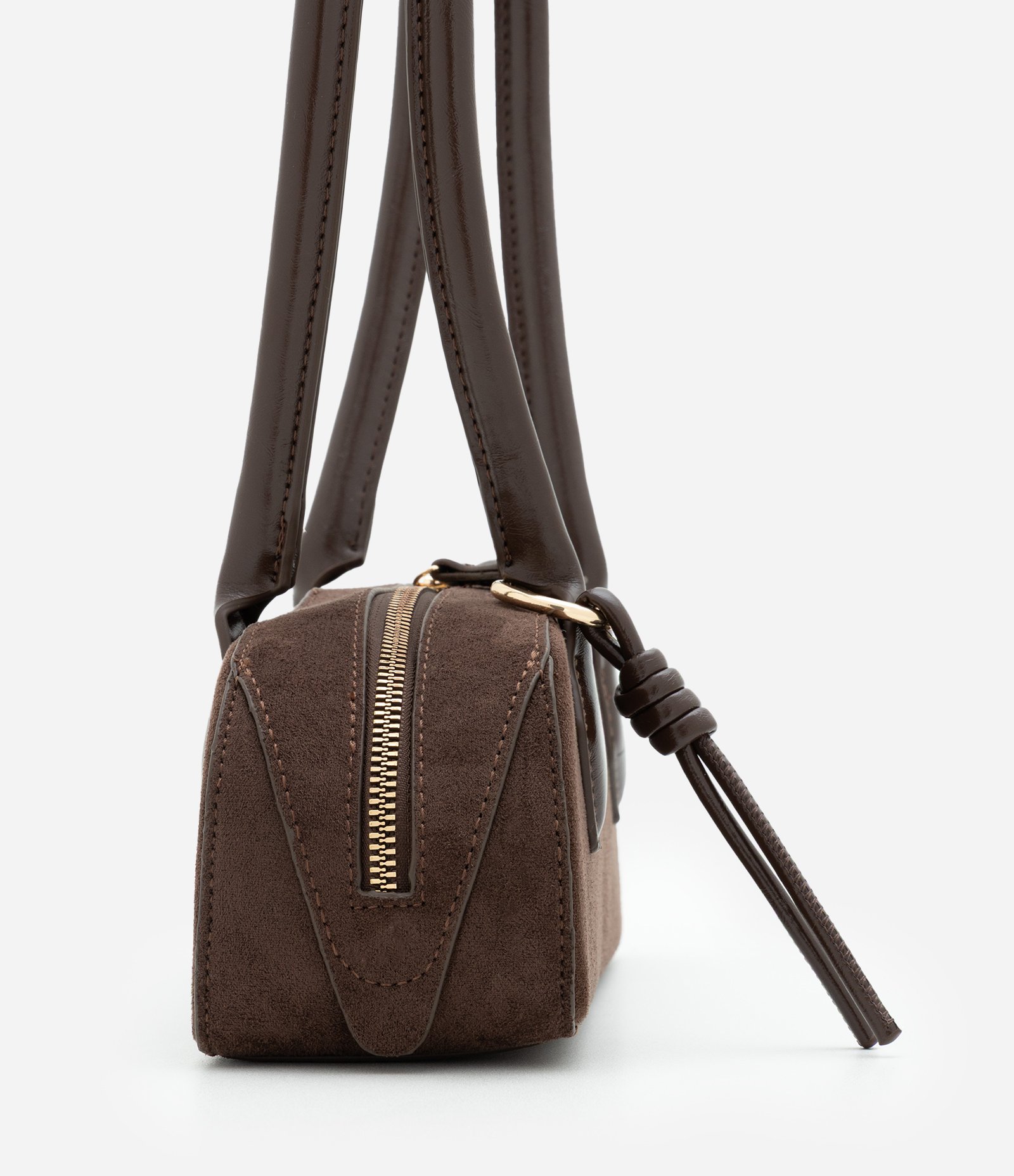 Bolsa Shoulder Pequena em Suede com Alças Estruturadas Marrom Escuro 3