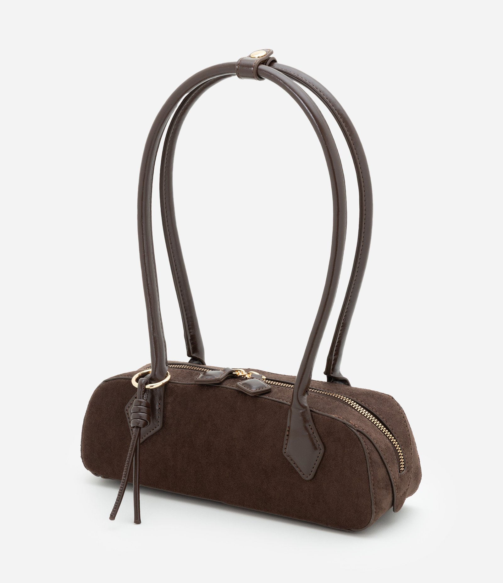 Bolsa Shoulder Pequena em Suede com Alças Estruturadas Marrom Escuro 5
