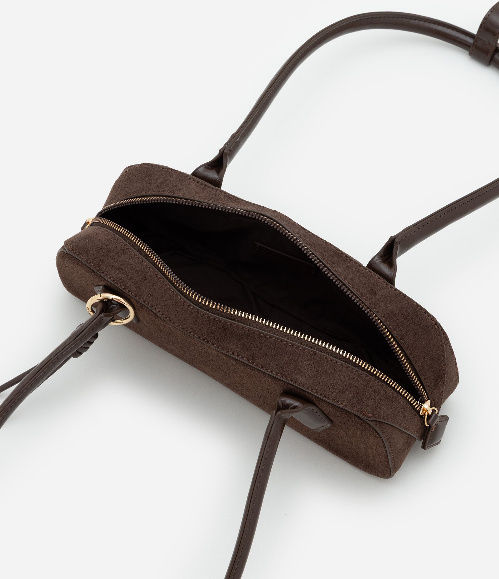 Bolsa Shoulder Pequena em Suede com Alças Estruturadas Marrom Escuro 7