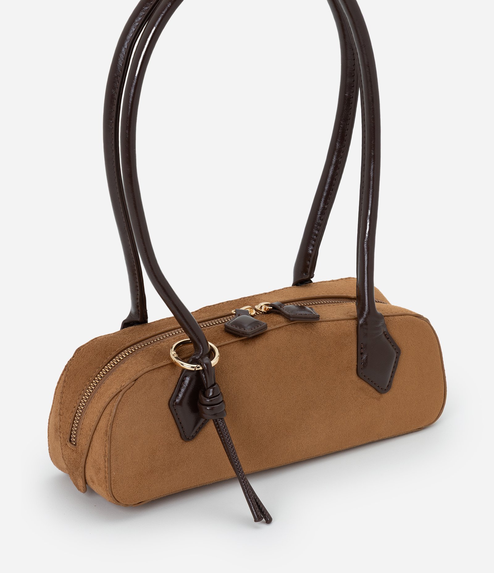 Bolsa Shoulder Pequena em Suede com Alças Estruturadas Marrom Claro 2