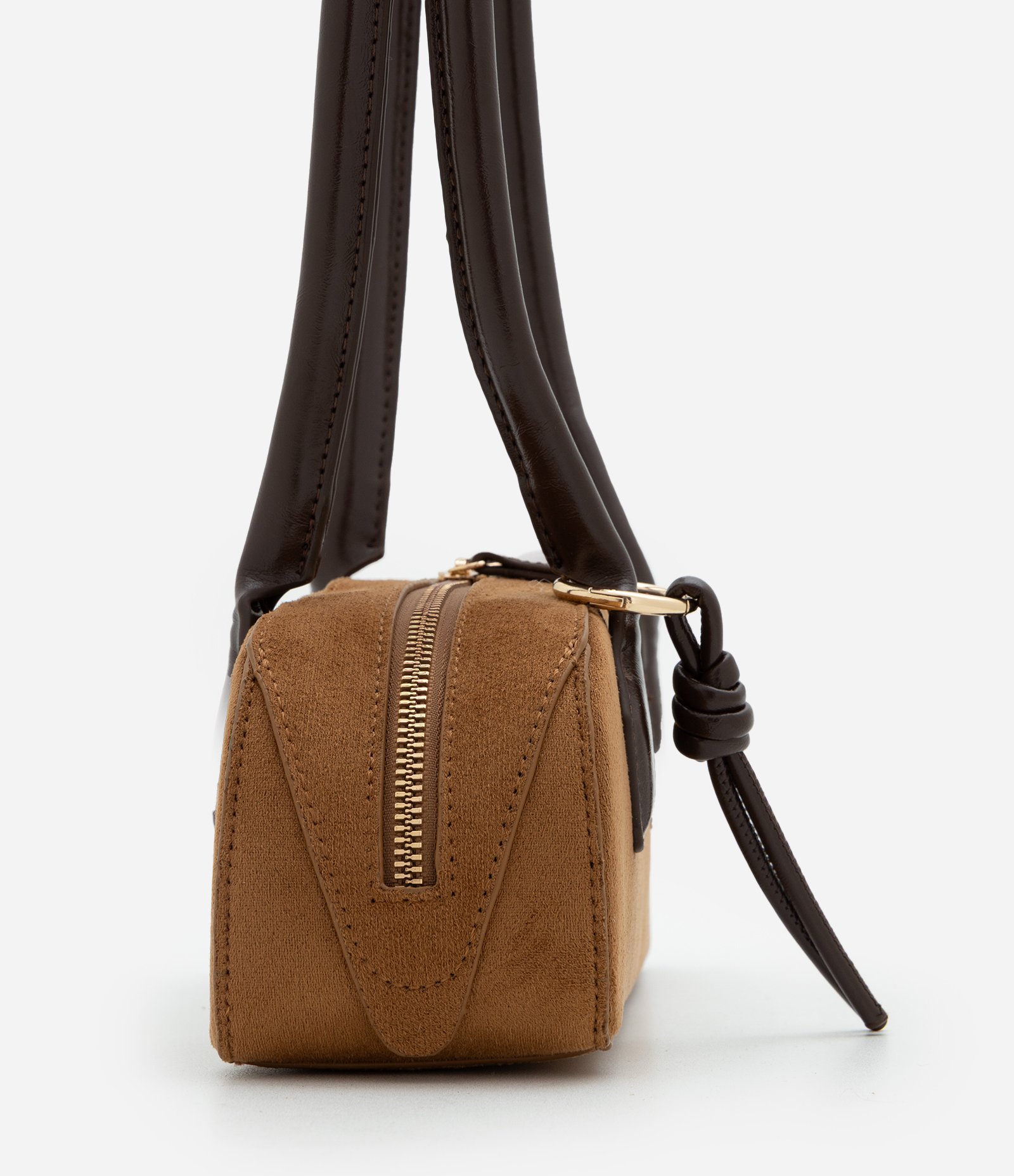 Bolsa Shoulder Pequena em Suede com Alças Estruturadas Marrom Claro 3