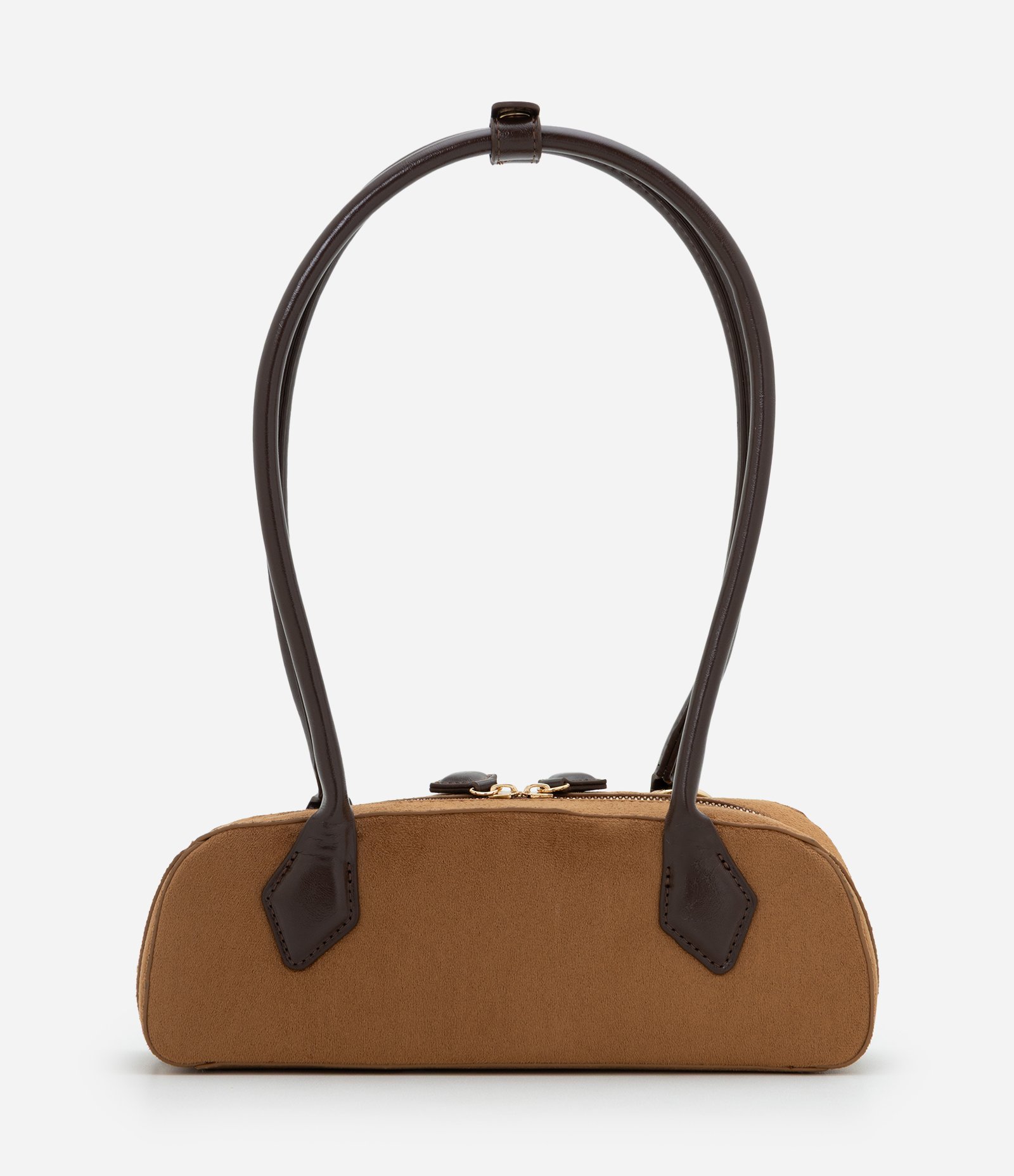 Bolsa Shoulder Pequena em Suede com Alças Estruturadas Marrom Claro 4