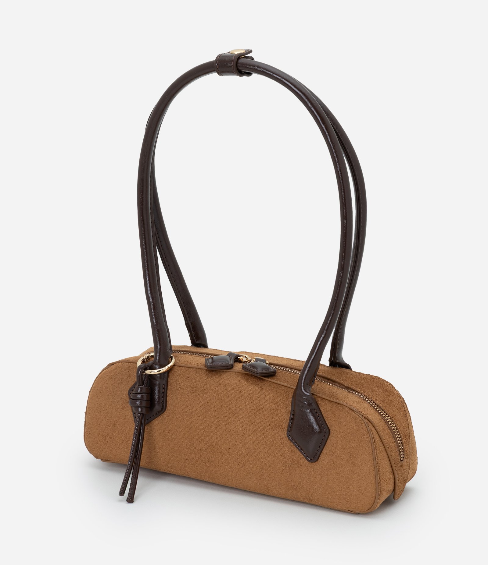 Bolsa Shoulder Pequena em Suede com Alças Estruturadas Marrom Claro 5