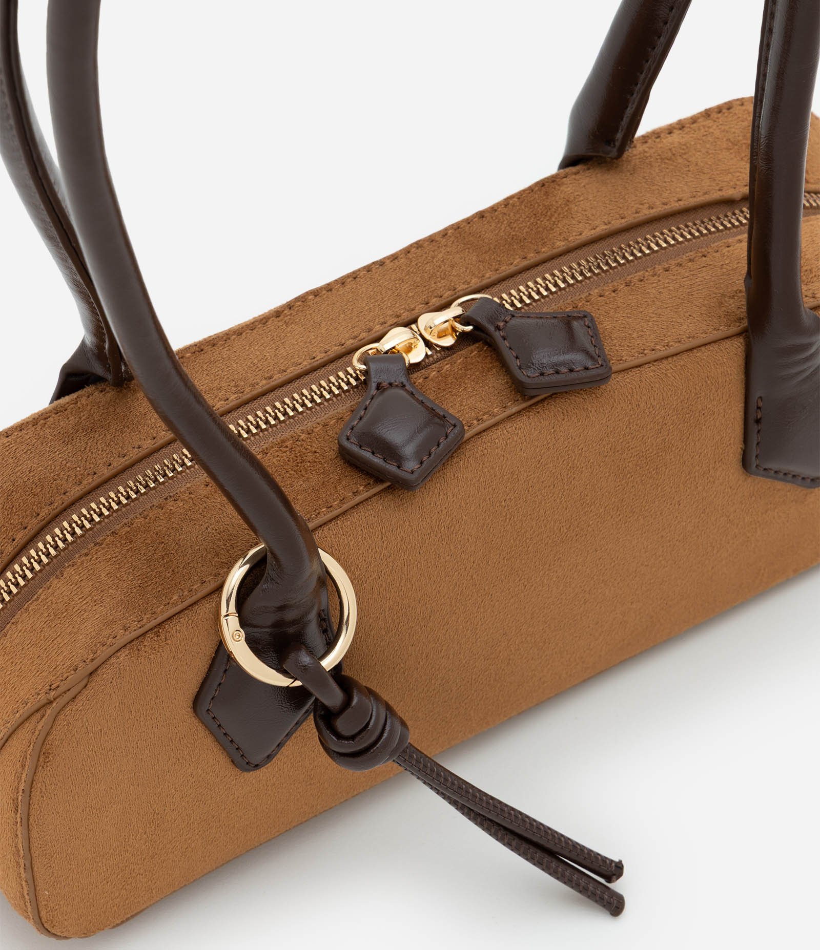 Bolsa Shoulder Pequena em Suede com Alças Estruturadas Marrom Claro 6