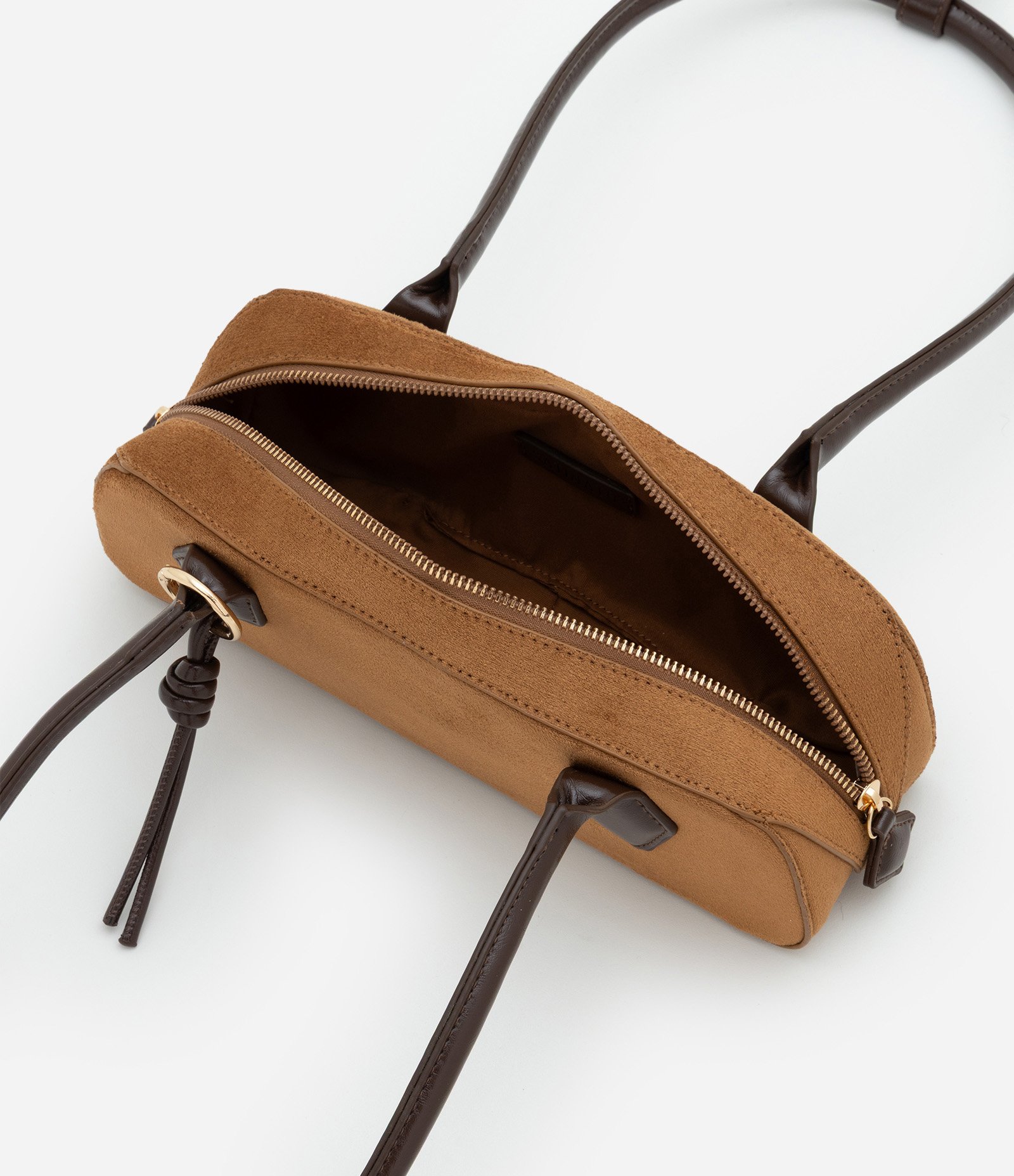 Bolsa Shoulder Pequena em Suede com Alças Estruturadas Marrom Claro 7