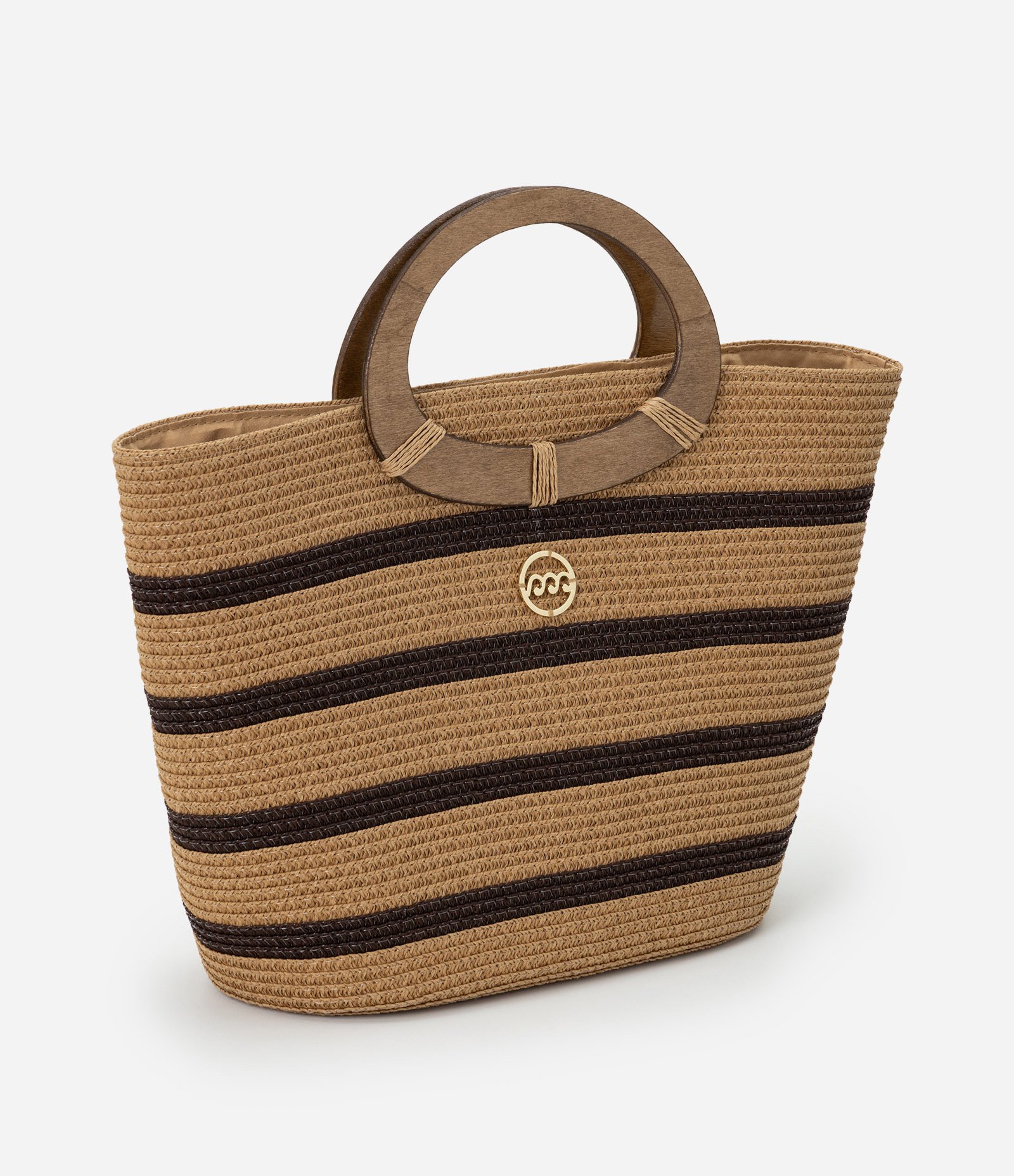 Bolsa de Praia Pequena em Palha com Estampa Listrada Bege 1