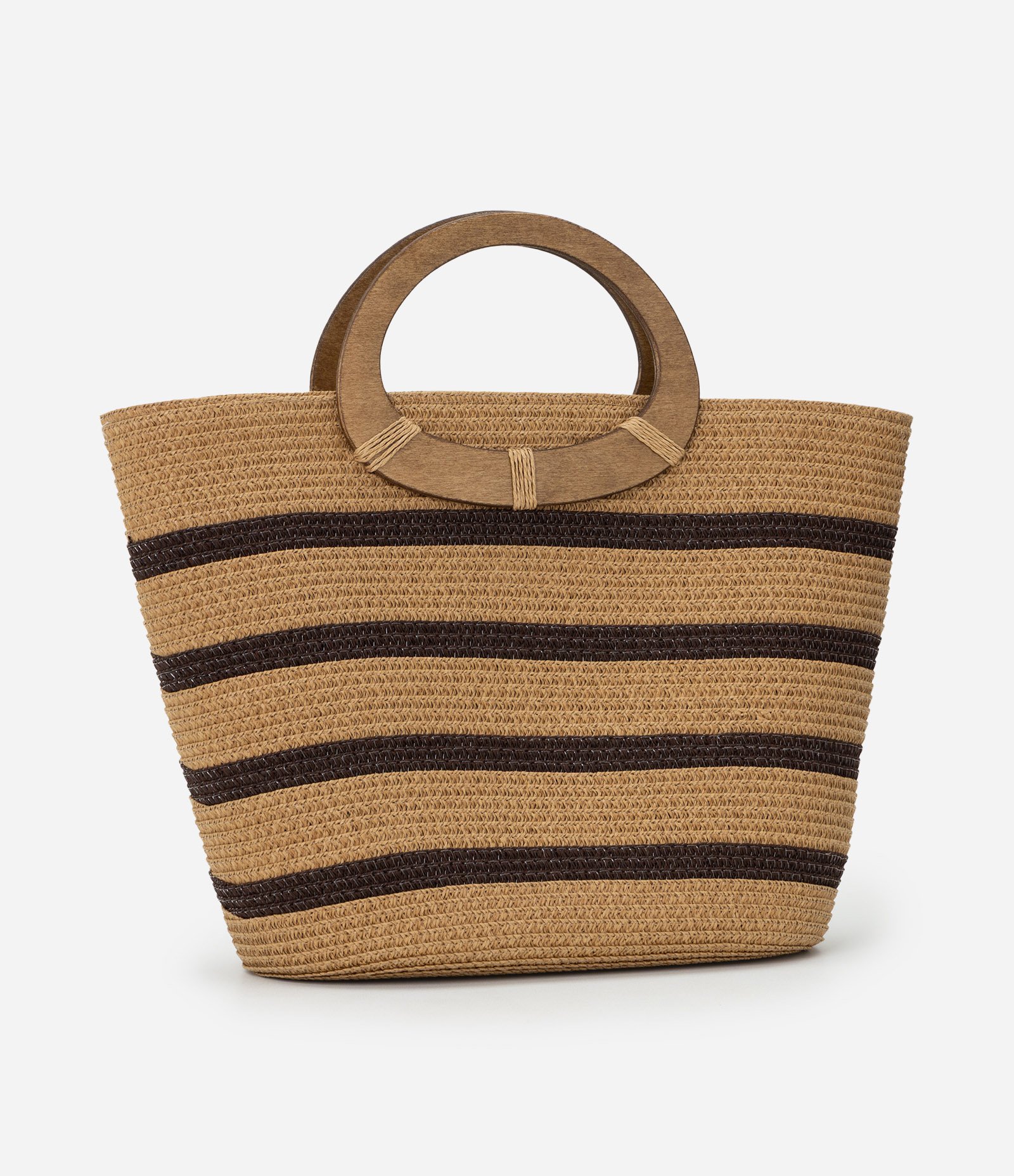 Bolsa de Praia Pequena em Palha com Estampa Listrada Bege 3