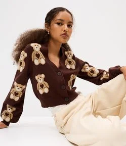 Cardigan Curto em Jacquard com Botões e Ursinhos em Repetição