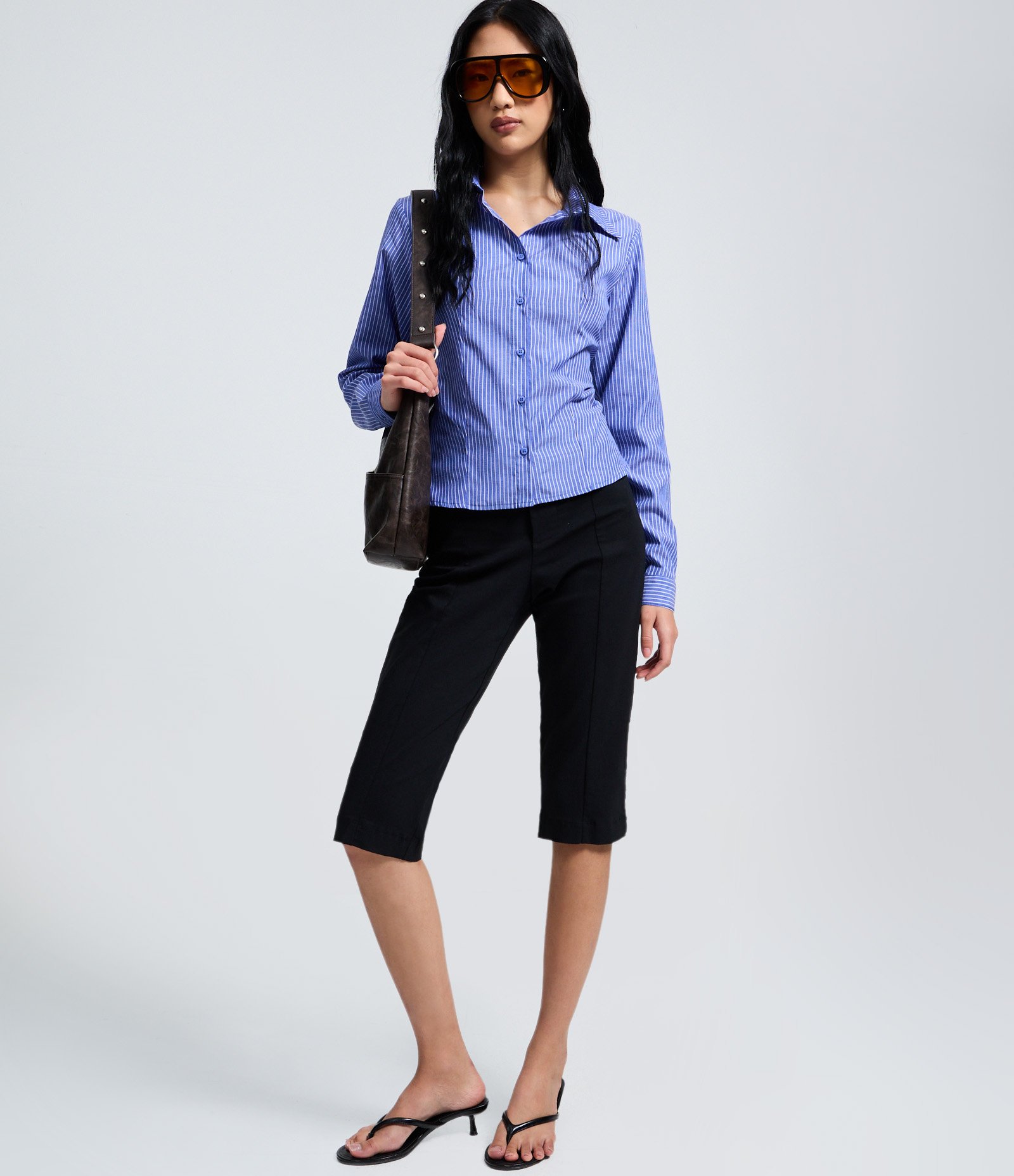 Camisa Ajustada em Tricoline com Amarração nas Costas Azul 2