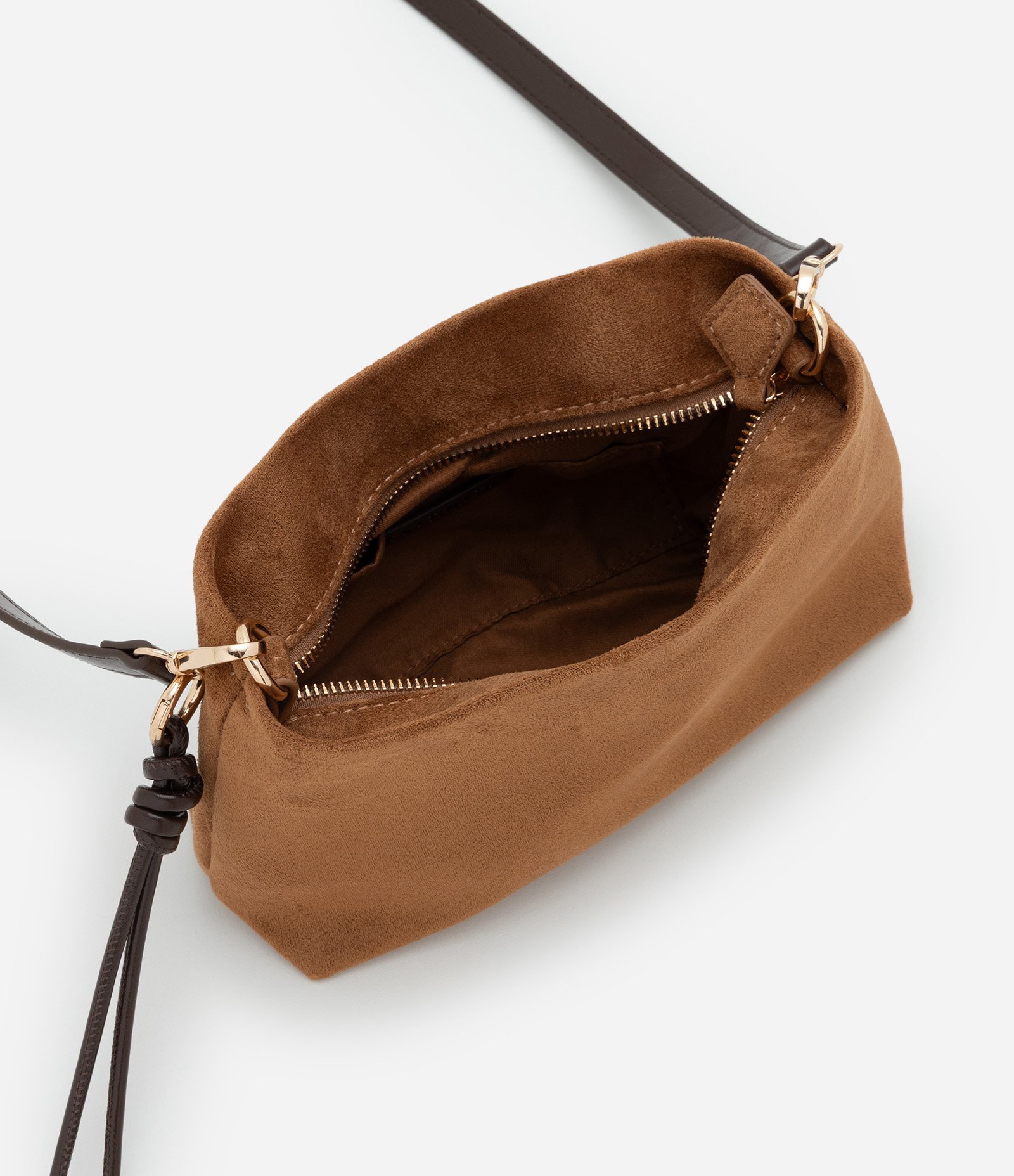 Bolsa Transversal Média em Suede com Alça Regulável Marrom Claro 4