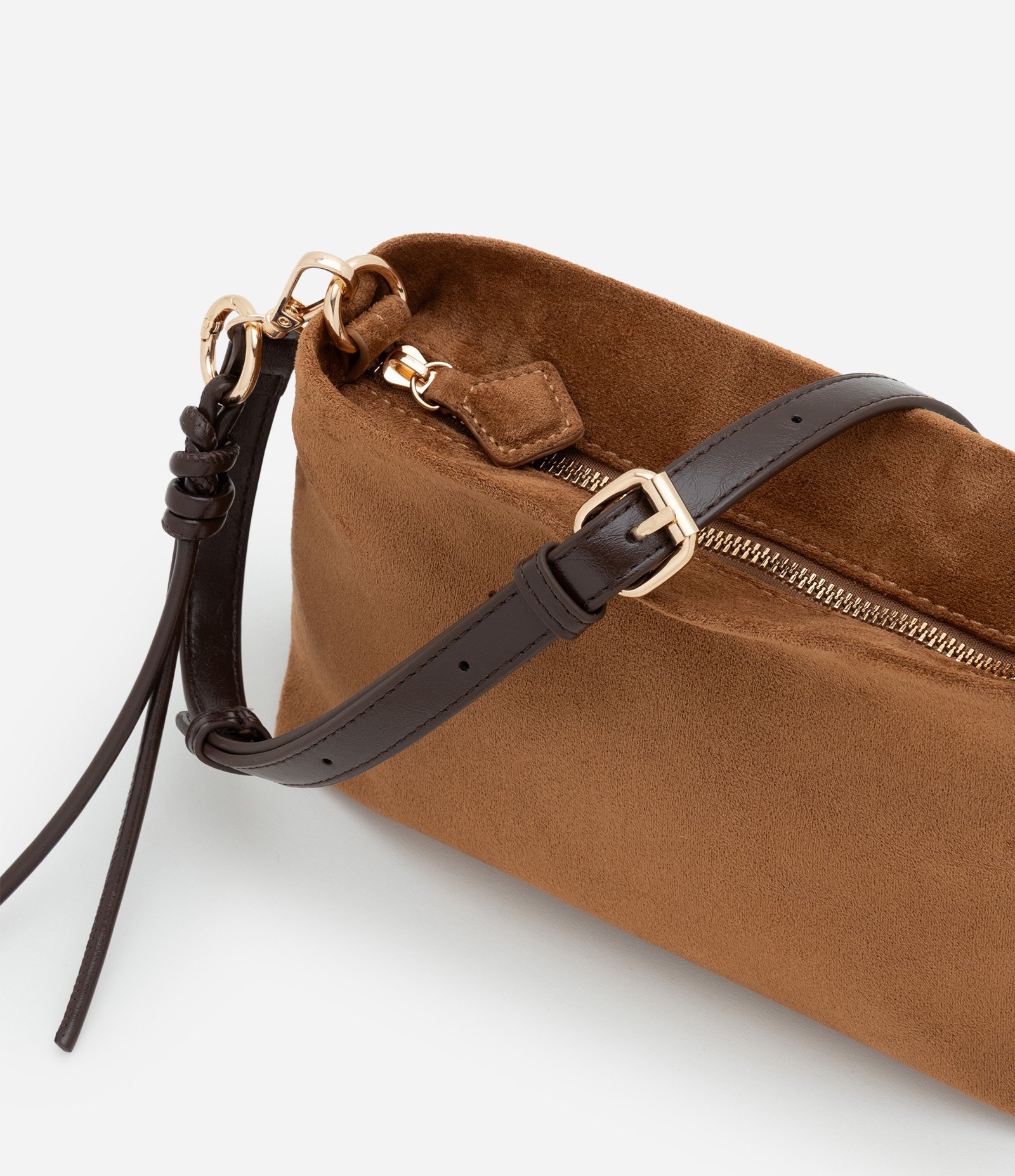 Bolsa Transversal Média em Suede com Alça Regulável Marrom Claro 5