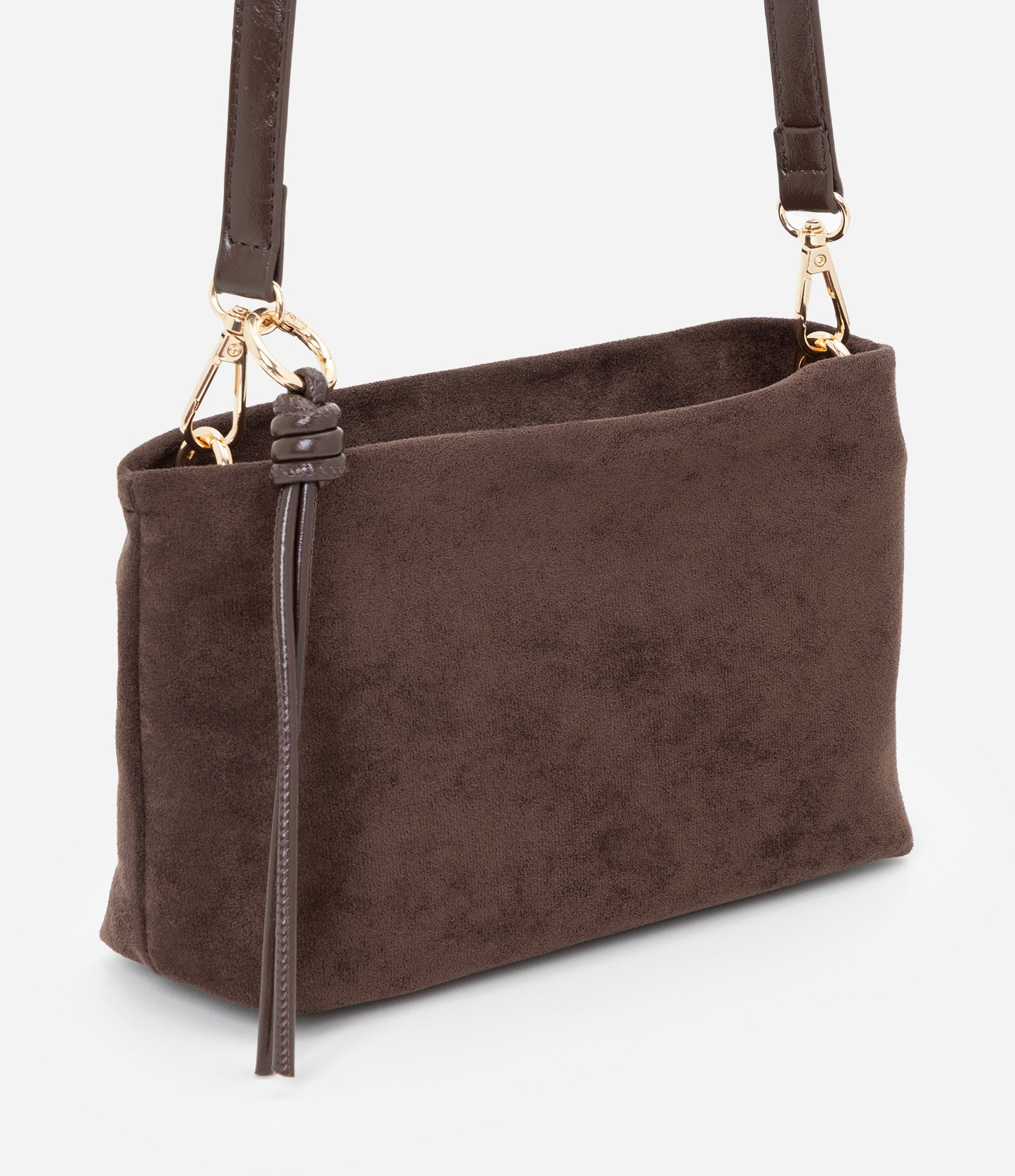 Bolsa Transversal Média em Suede com Alça Regulável Marrom Escuro 1