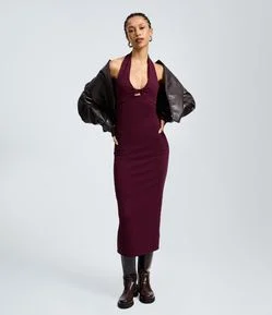 Vestido Midi Frente Única Texturizado com Nó no Busto