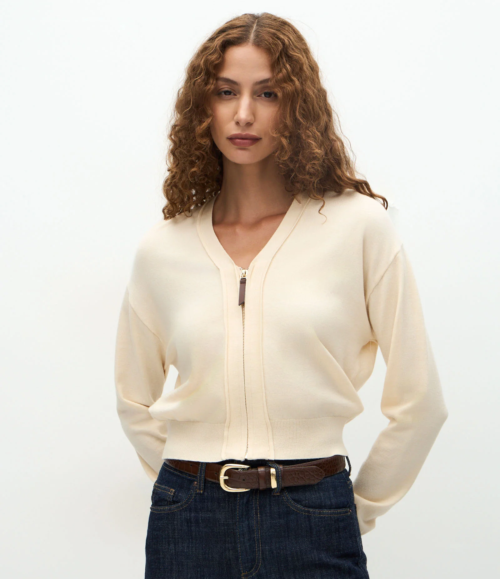 Cardigan Curto em Tricô com Puxador Alongado Bege 1