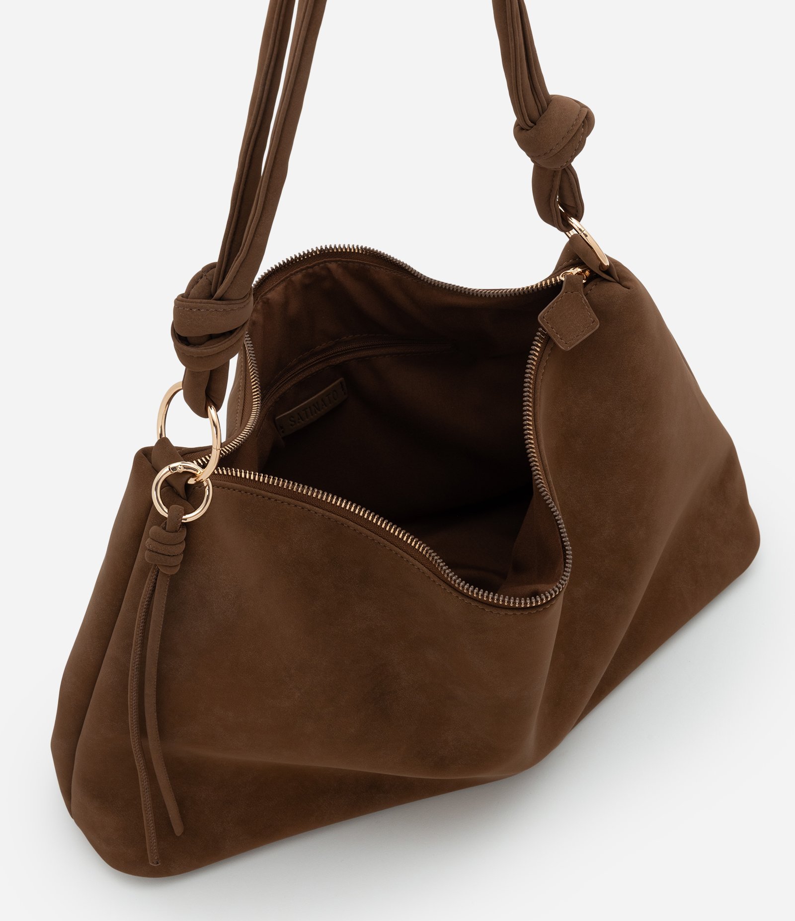 Bolsa Shoulder Grande em Suede com Nó nas Alças Marrom 7