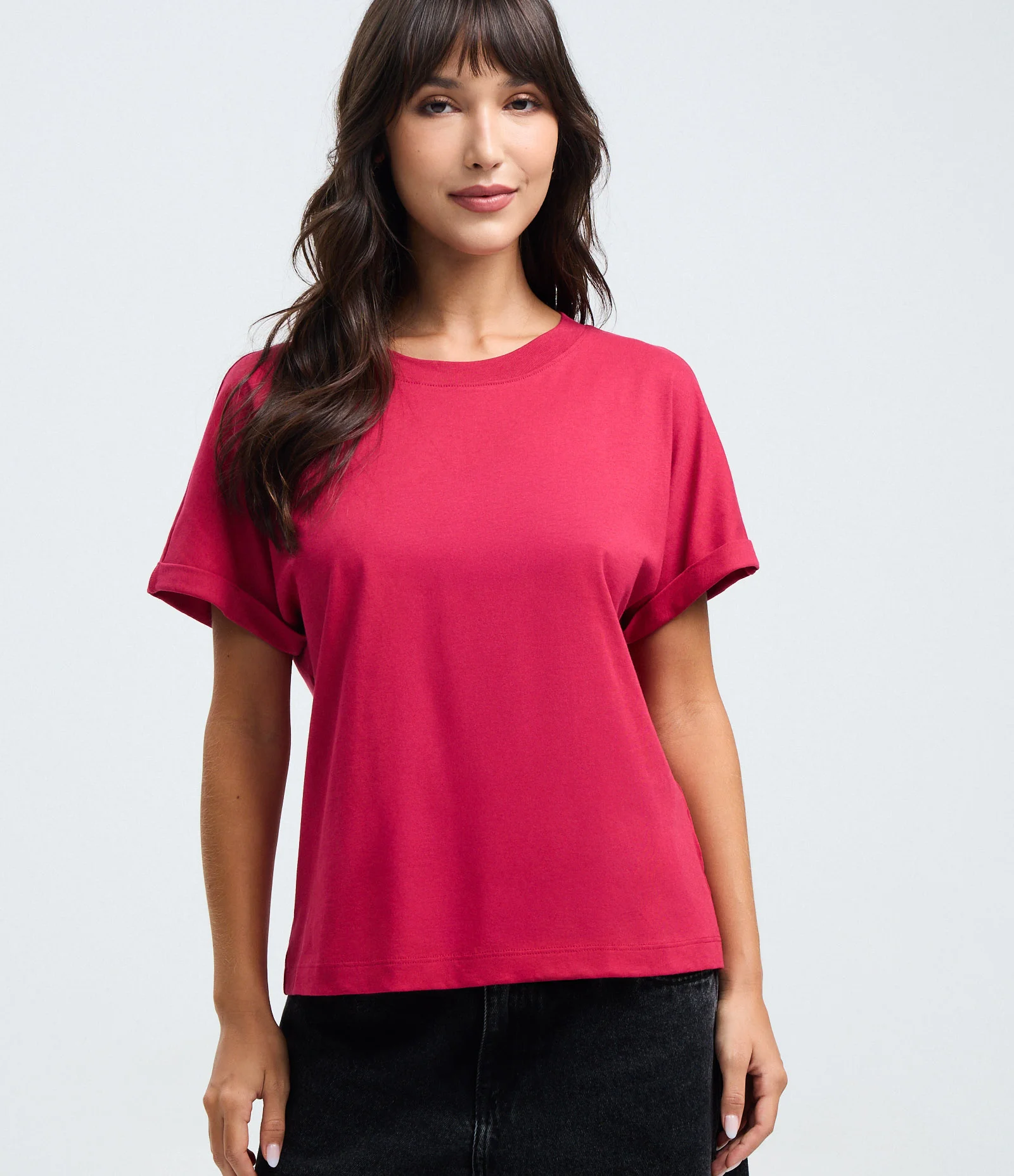 Blusa Básica com Manga Dobrada Curta em Algodão Vermelho 1
