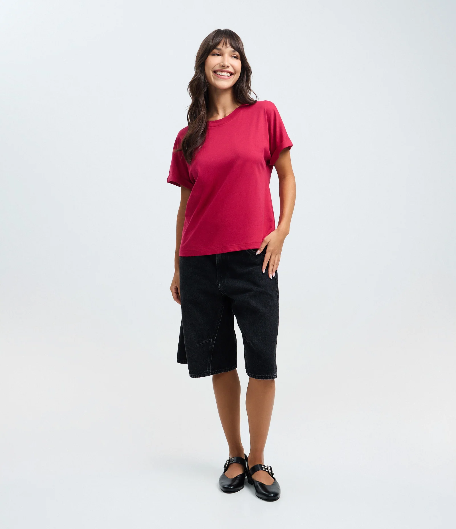 Blusa Básica com Manga Dobrada Curta em Algodão Vermelho 2