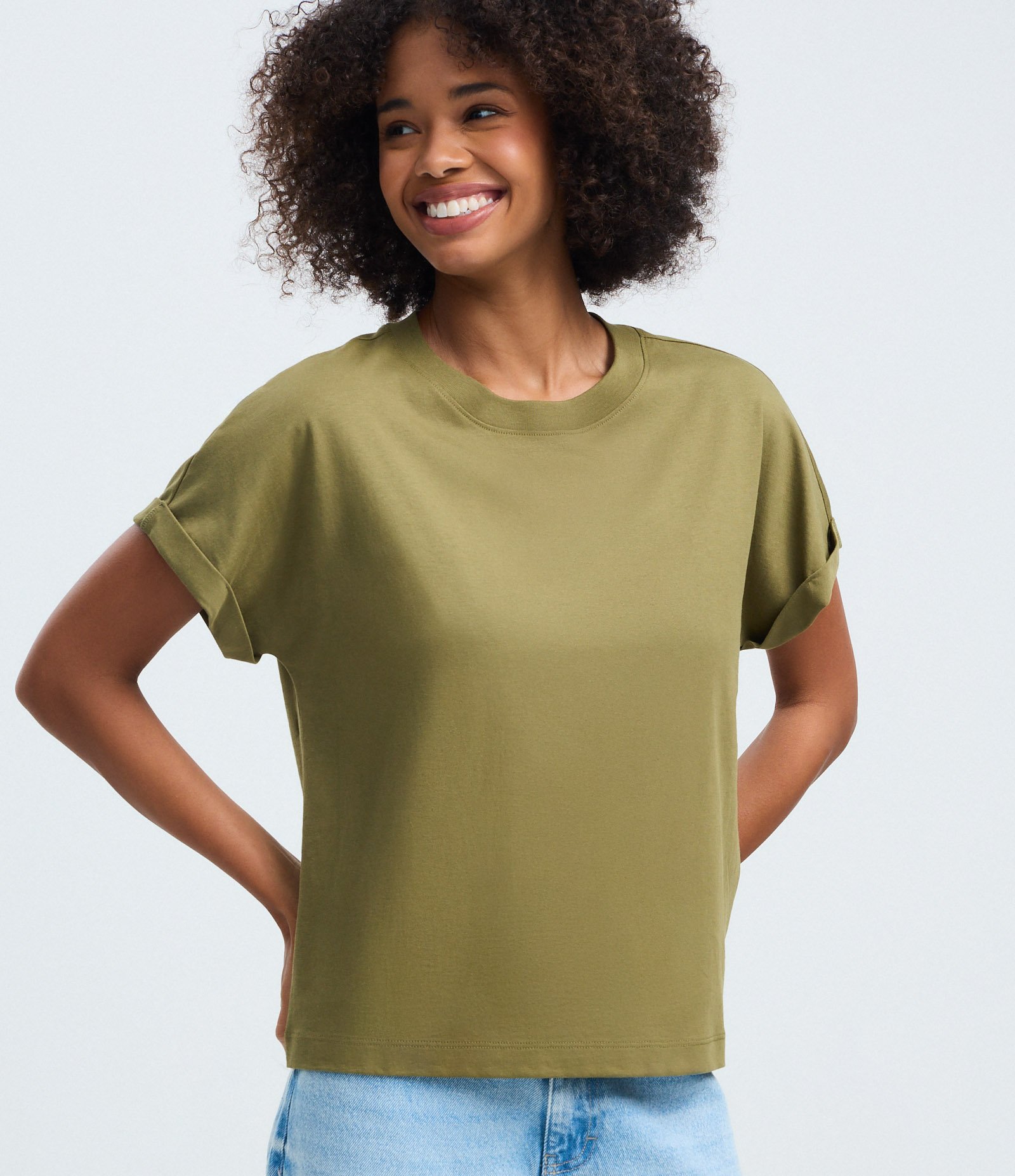 Blusa Básica com Manga Dobrada Curta em Algodão Verde 1