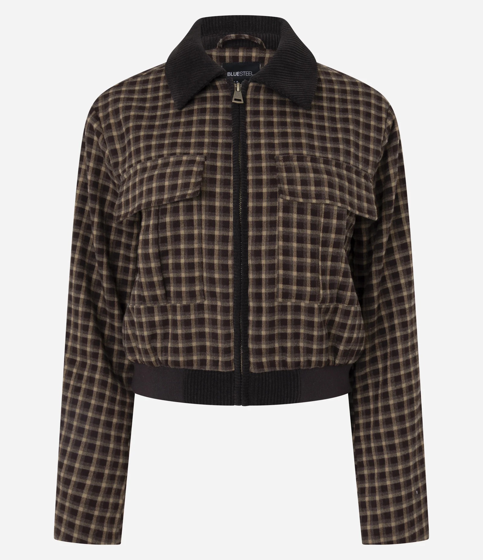 Jaqueta Curta Xadrez em Viscose com Bolsos Frontais Marrom 1