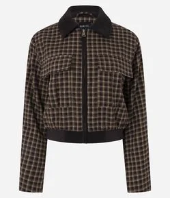 Jaqueta Curta Xadrez em Viscose com Bolsos Frontais