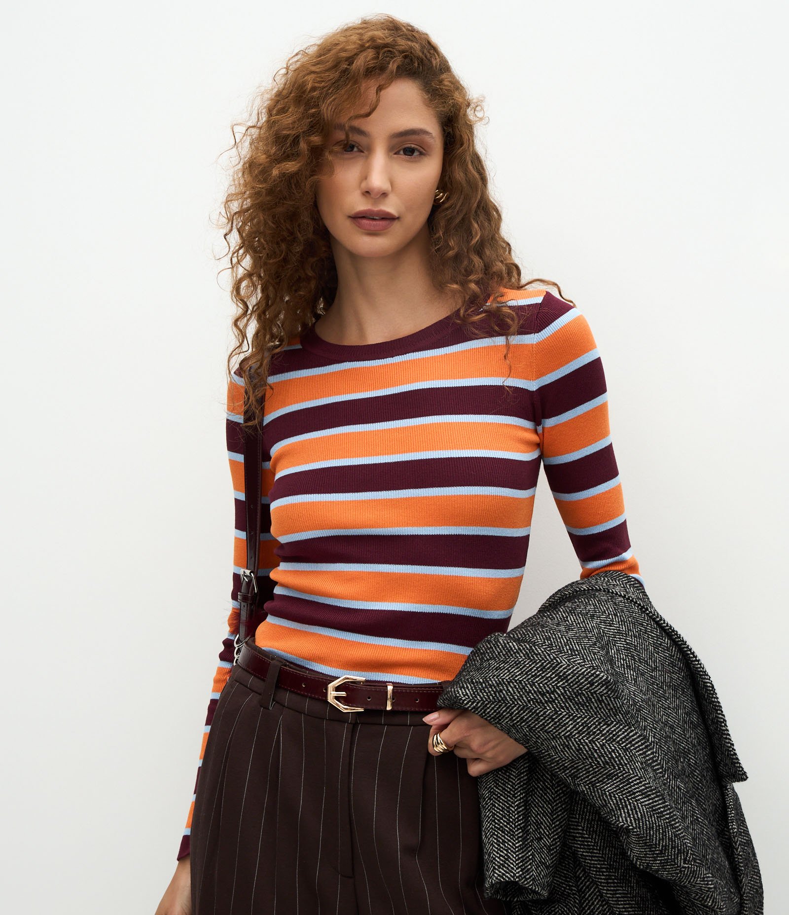 Blusa Regular em Tricô Listrado Laranja 2