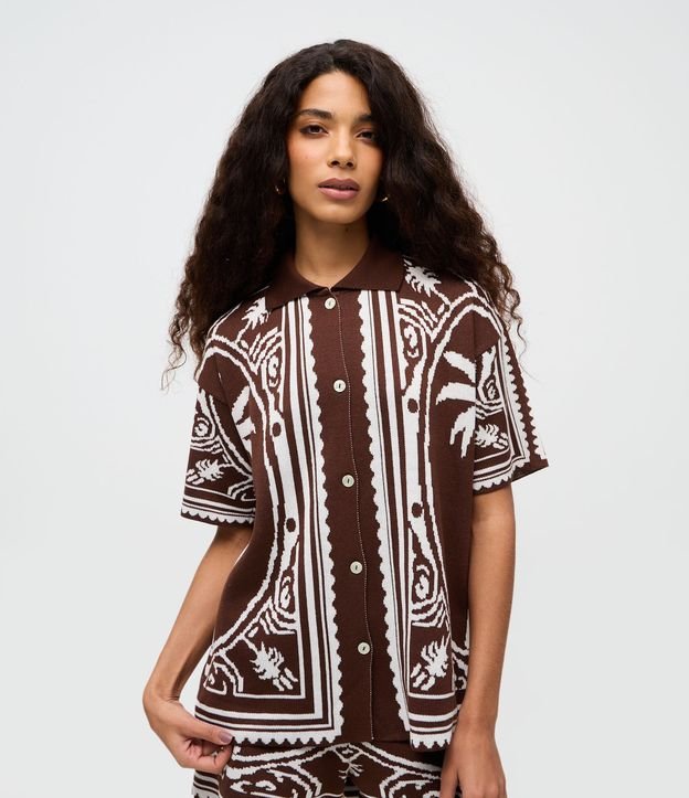 Camisa Oversized em Tricô com Estampa de Coqueiros