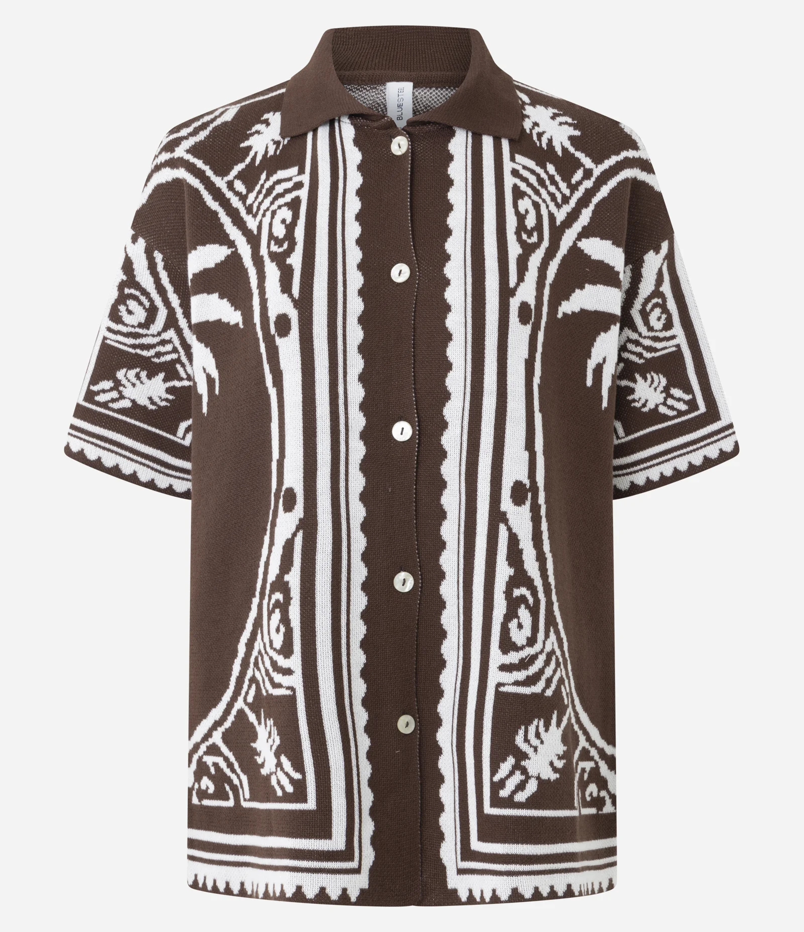 Camisa Oversized em Tricô com Estampa de Coqueiros Marrom 1