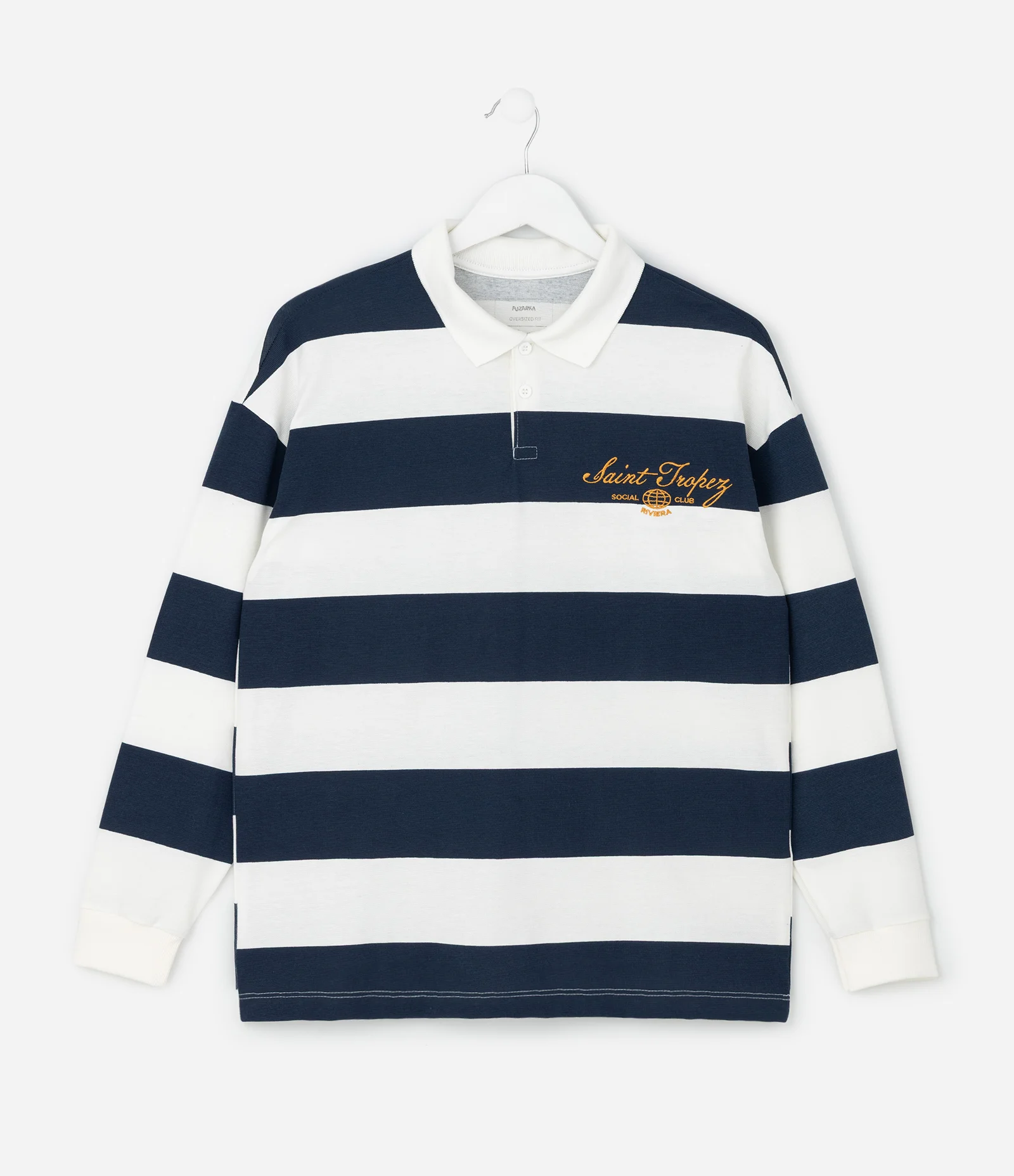 Camiseta Polo Infantil com Bordado Frontal – Tam 5 a 14 Anos Branco/Azul Marinho 1