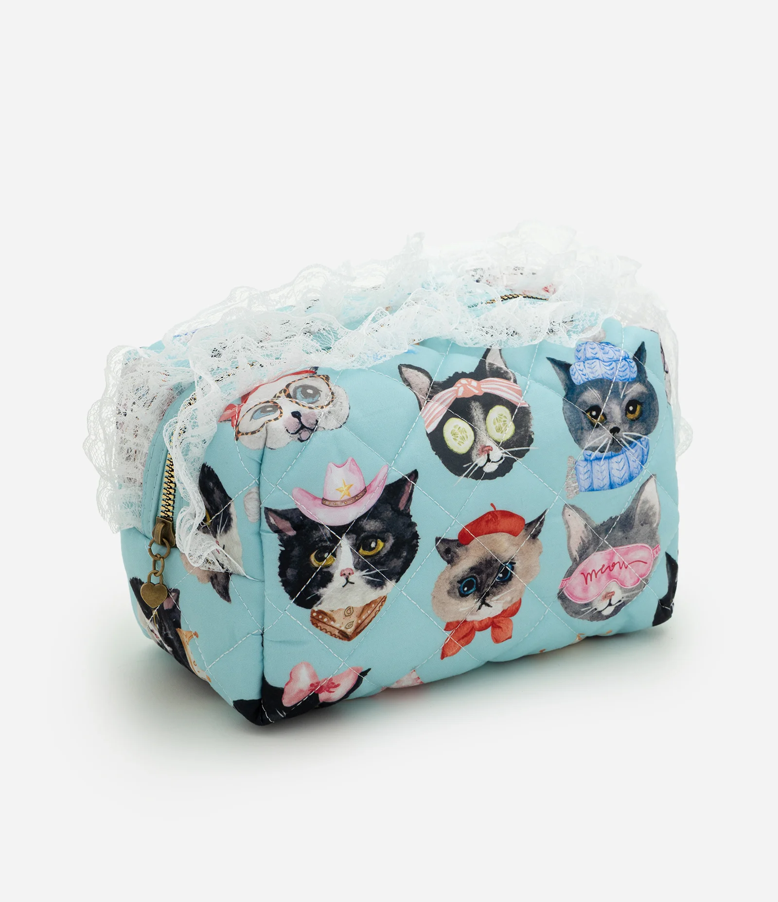 Necessaire Média com Babados e Estampa de Gatos Verde 1