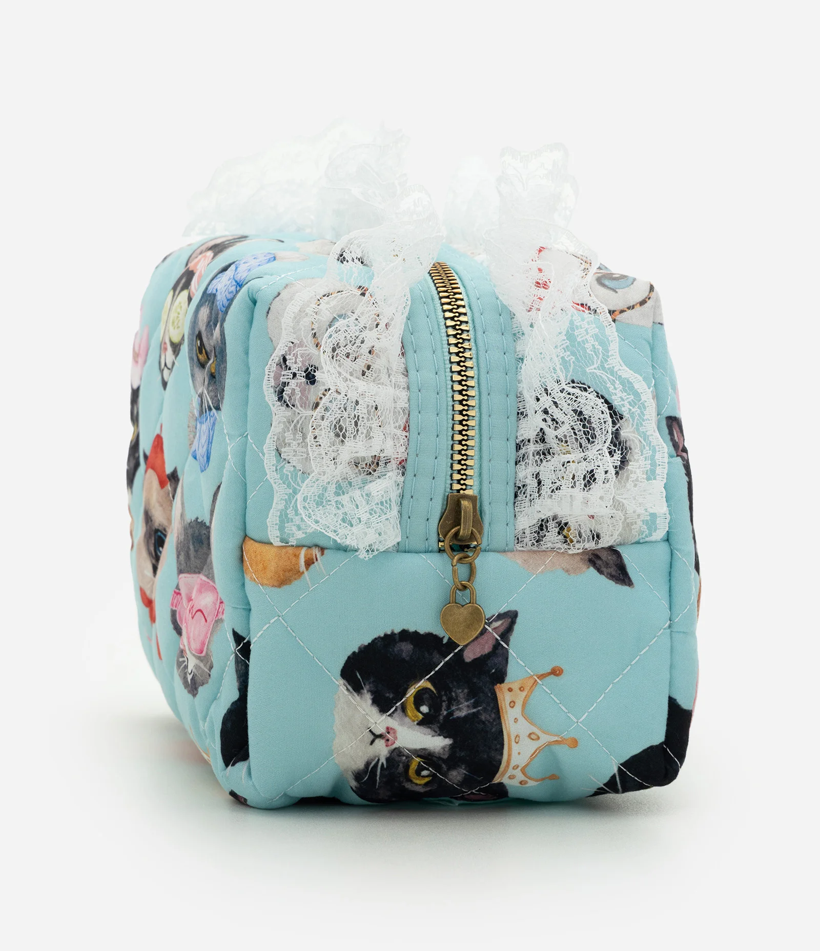 Necessaire Média com Babados e Estampa de Gatos Verde 2