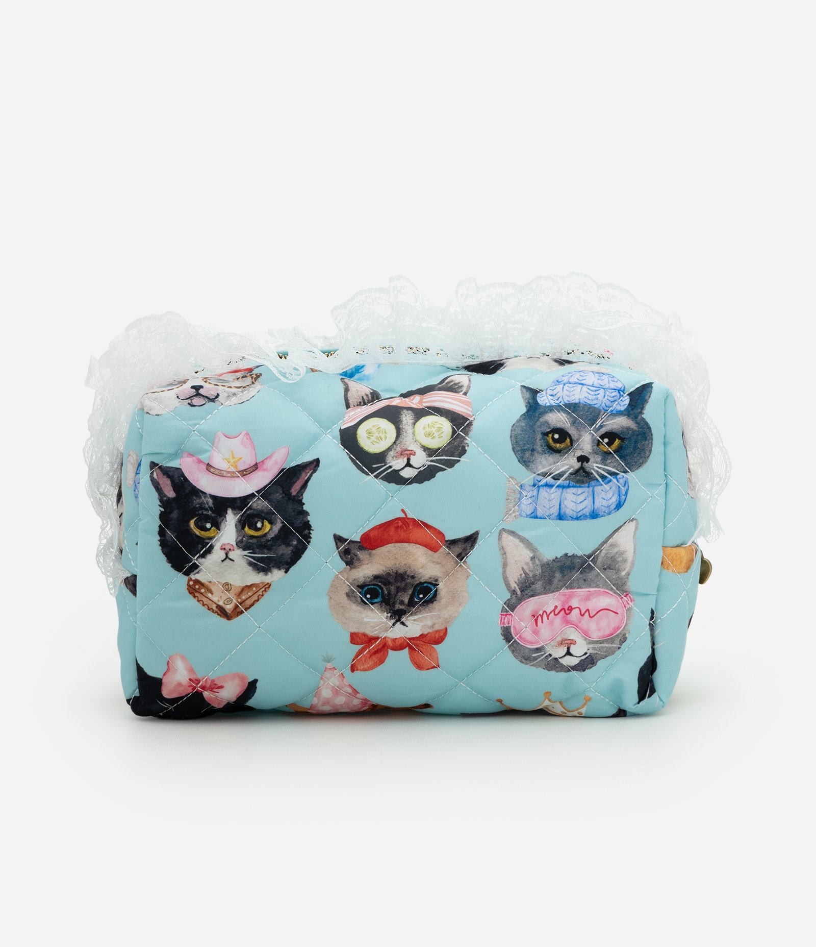 Necessaire Média com Babados e Estampa de Gatos Verde 3
