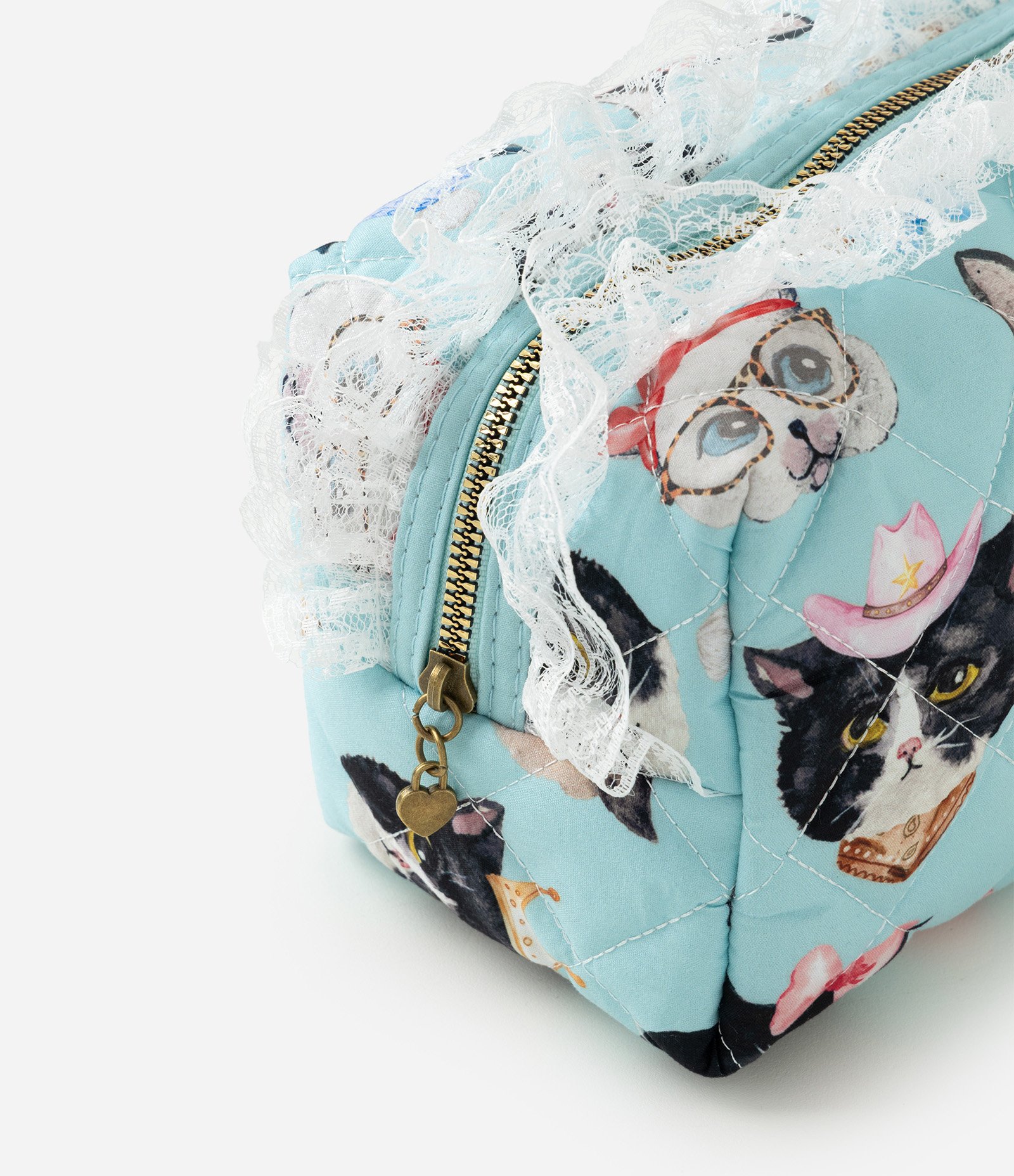 Necessaire Média com Babados e Estampa de Gatos Verde 4