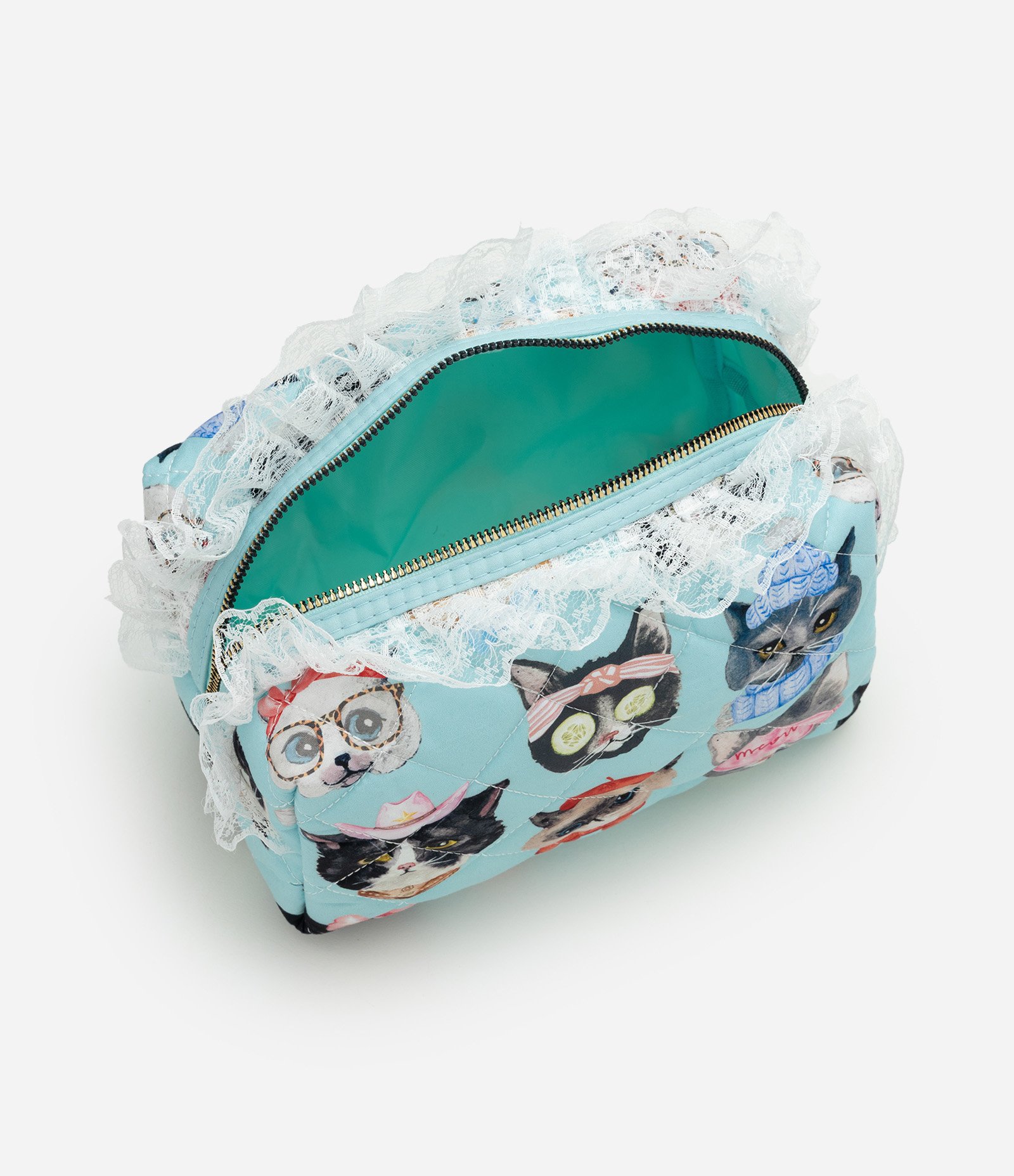 Necessaire Média com Babados e Estampa de Gatos Verde 5