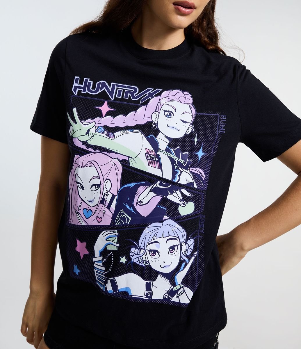 Camiseta em Algodão com Estampa Huntrix Guerreiras do K-Pop Preto