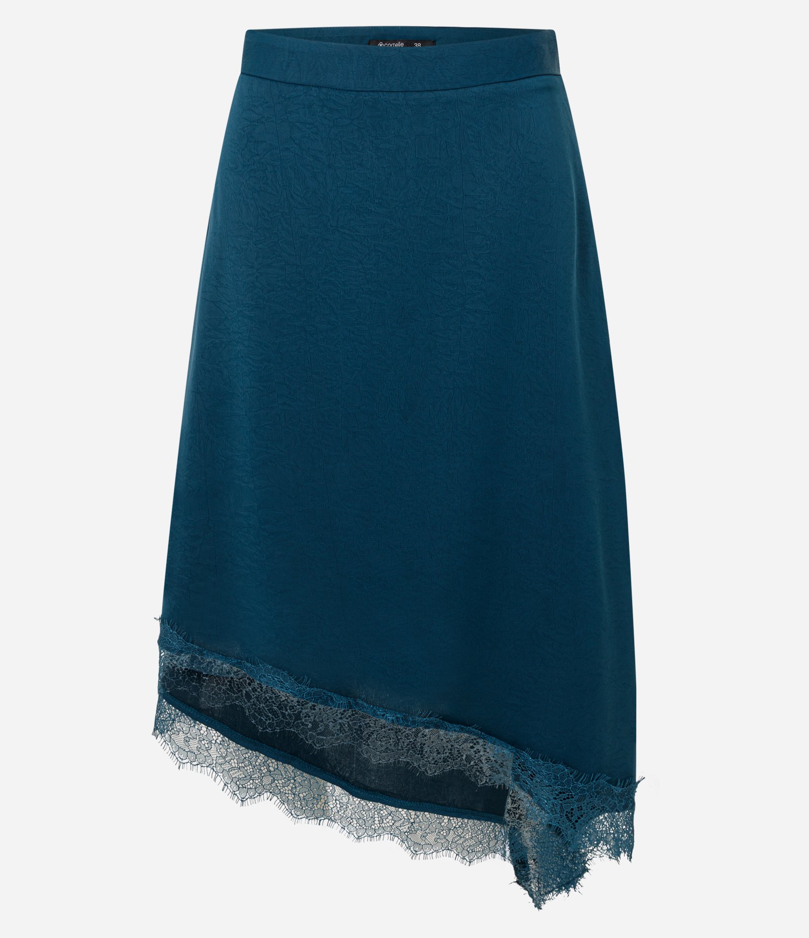 Saia Midi Acetinada com Barra Assimétrica e Renda Aplicada Azul 4