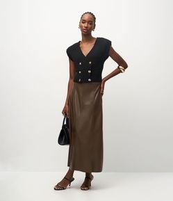 Saia Midi em PU com Recortes Frontais
