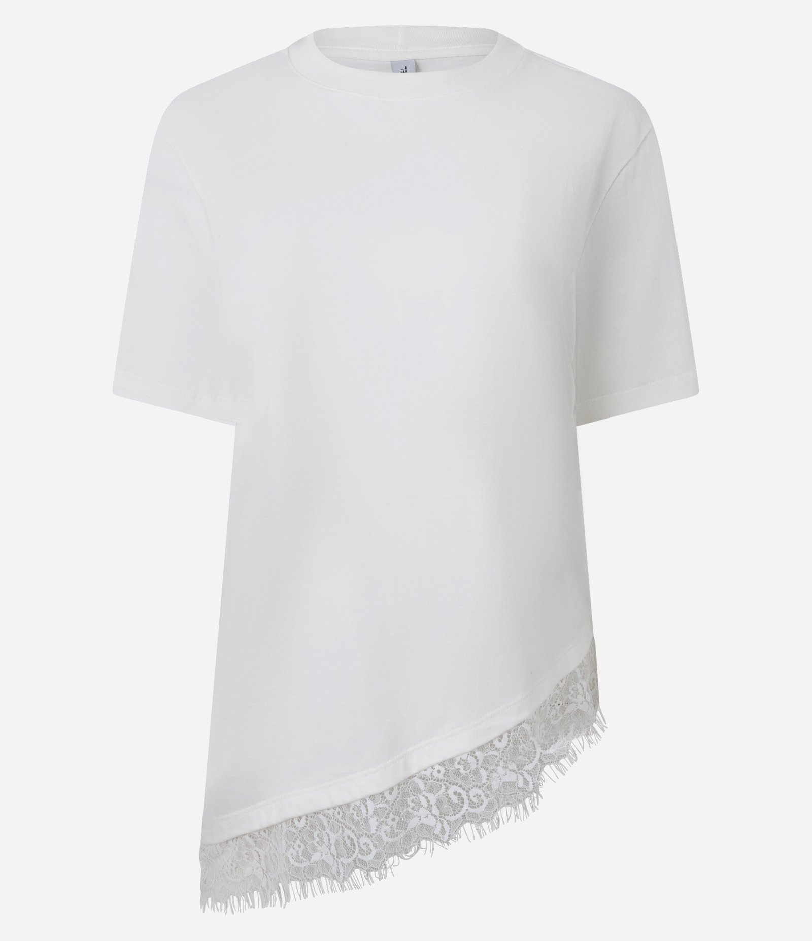 Camiseta Alongada com Barra Assimétrica em Renda Branco 4
