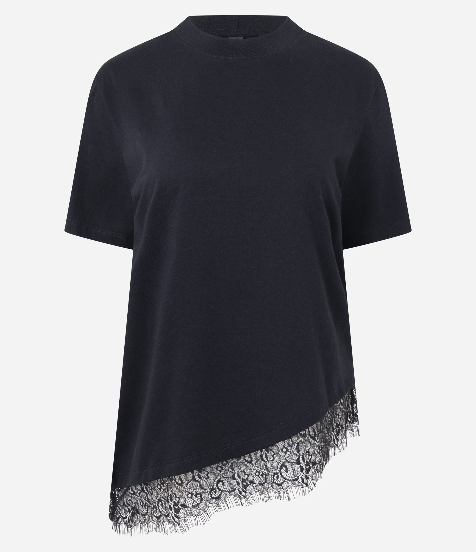 Camiseta Alongada com Barra Assimétrica em Renda Preto 5