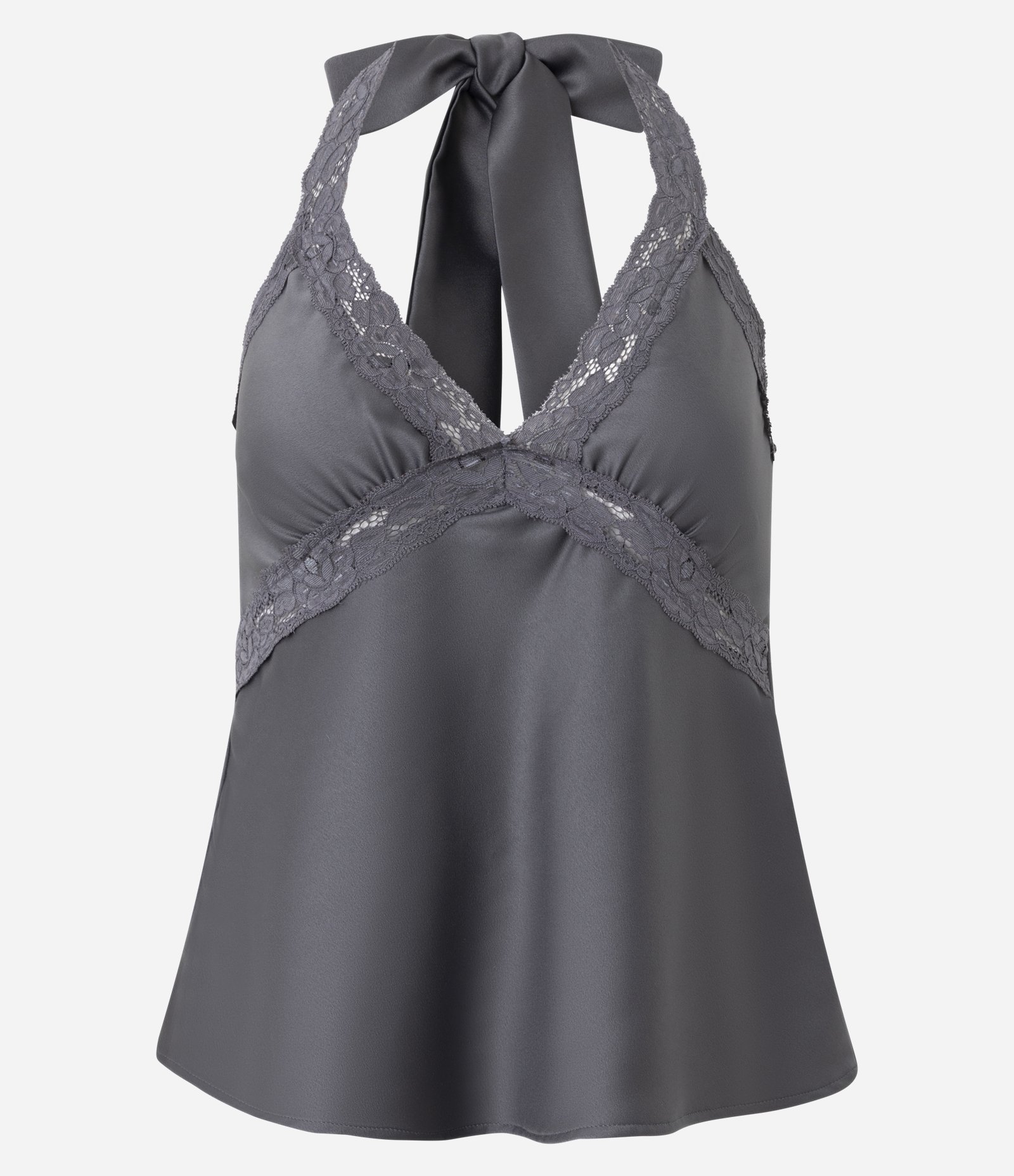 Blusa Frente Única Acetinada com Renda Cinza 5