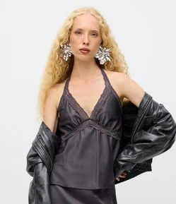 Blusa Frente Única Acetinada com Renda