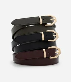 Kit 03 Cintos Finos em PU com Passante Metálico