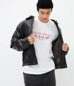 Camiseta Manga Curta em Algodão Lettering Trouble Machine