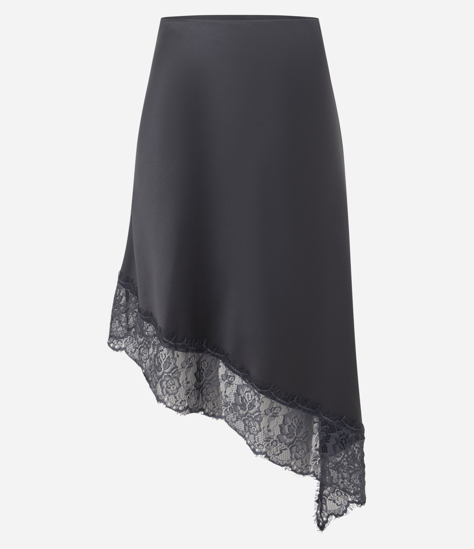 Saia Acetinada Assimétrica com Renda na Barra Cinza 6