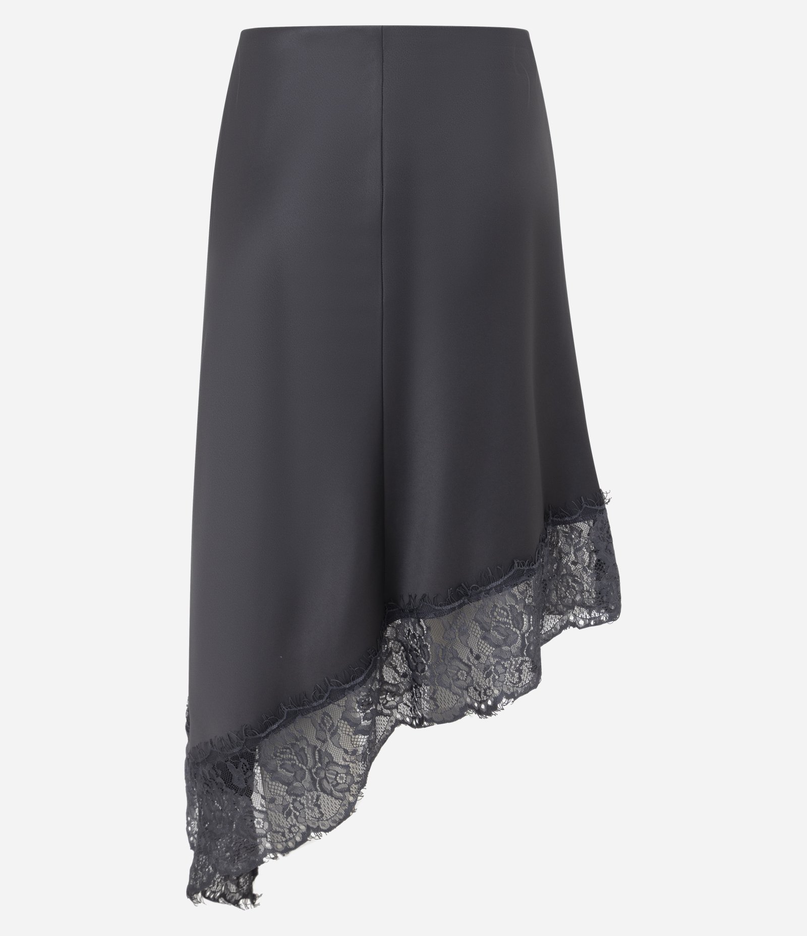 Saia Acetinada Assimétrica com Renda na Barra Cinza 7