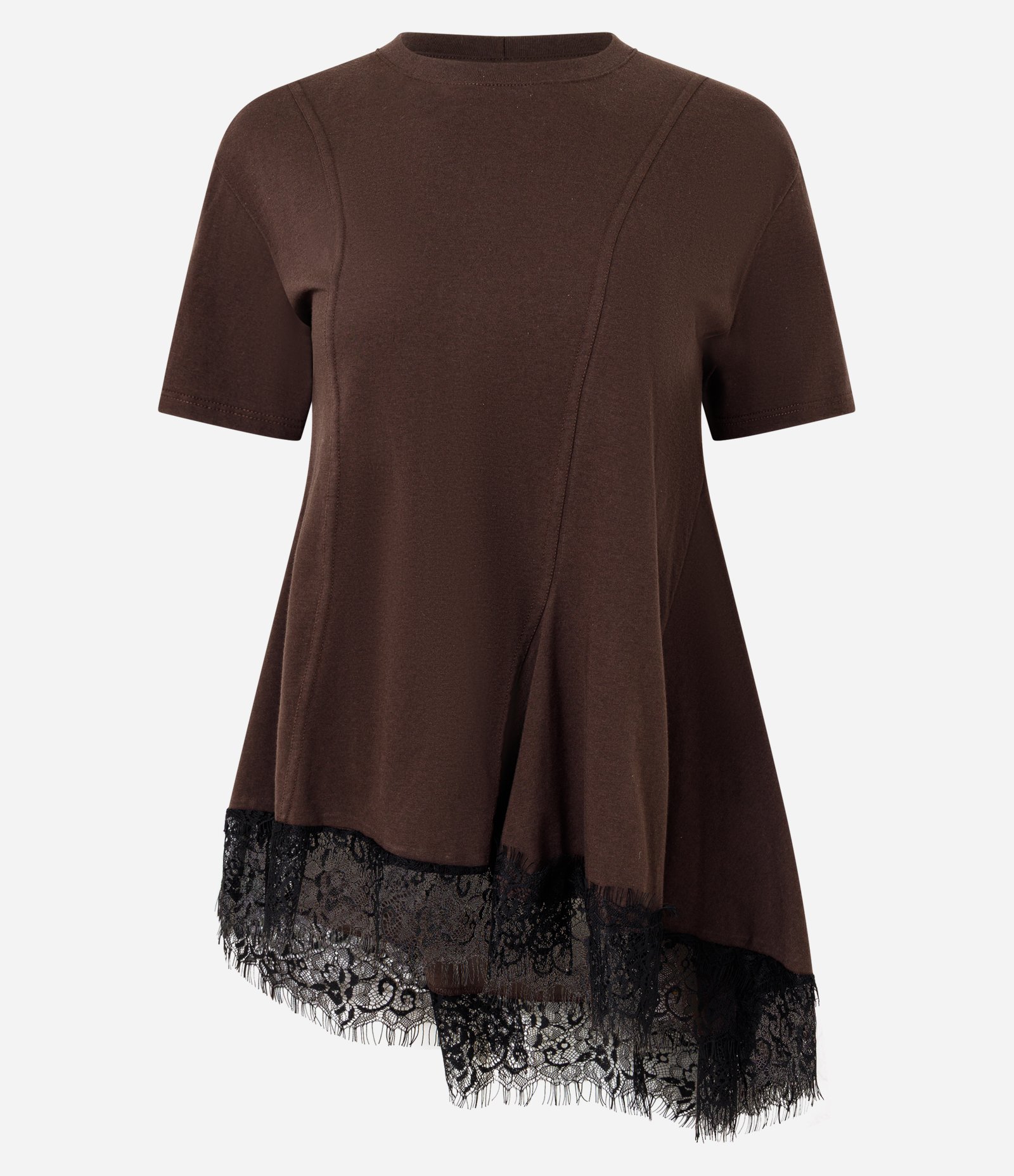 Camiseta com Recortes Assimétricos e Barra de Renda Marrom 4