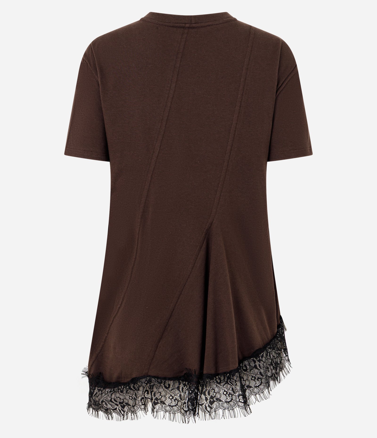 Camiseta com Recortes Assimétricos e Barra de Renda Marrom 5