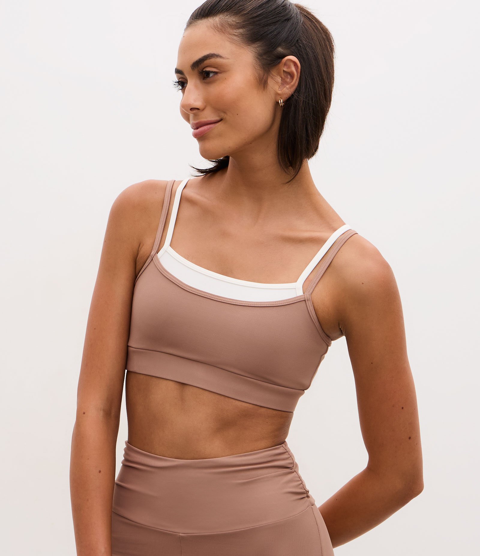 Top Esportivo em Microfibra com Sobreposição Bege/Branco 1